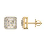 10K Yellow Gold Round Baguette Diamond Square Shape Stud Earrings 3/8 Cttw