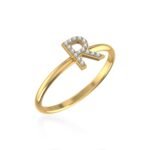 10K Yellow Gold Womens Round Diamond R Initial Letter Ring 1/25 Cttw