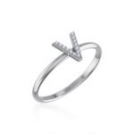 10K White Gold Womens Round Diamond V Initial Letter Ring 1/25 Cttw