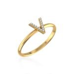 10K Yellow Gold Womens Round Diamond V Initial Letter Ring 1/25 Cttw