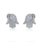 10K White Gold Round Baguette Diamond Hamza Hand Religious Stud Earring 1/5 Cttw
