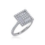 14K White Gold Round Baguette Diamond Square Shape Womens Sz 7 Designer Ring 7/8 Cttw