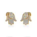 14K Yellow Gold Round Baguette Diamond Hamza Hand Religious Stud Earrings 1/5 Cttw