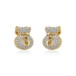 14K Yellow Gold Round Diamond Money Dollar Bag Designer Stud Earrings 1/6 Cttw