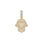 10K Yellow Gold Round Baguette Diamond Heart Hamza Hand Religious Charm Pendant 1-3/4 Cttw