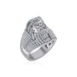 10K White Gold Round Diamond 3D Jesus Religious SZ 10 Mens Ring 1-3/4 Cttw