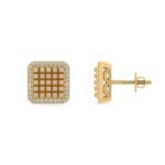 10K Yellow Gold Round Diamond Square Shape Designer Mens Stud Earring 1/5 Cttw