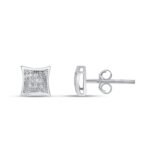 10K White Gold Round Diamond Square Stud Earring 1/10 Cttw