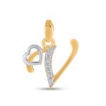 10K Yellow Gold Round Diamond V Letter Initial With Heart Pendant 1/10 Cttw