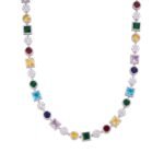 Sterling Silver Round Moissanite 7 Stone Flower with Color Stone Designer 22 Inch Necklace RP 16-3/8 Cttw