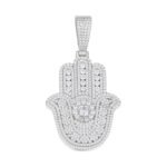 Sterling Silver Round Moissanite Hamza Hand Religious Pendant RP 4-3/8 Cttw