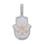 Sterling Silver Round Moissanite Hamza Hand Religious Pendant RP+GP 3-5/8 Cttw