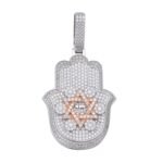 Sterling Silver Round Moissanite Hamza Hand Religious Pendant RP+PP 3-5/8 Cttw