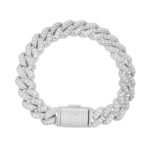 Sterling Silver Round Big Stone in Center Surrounded with Small Stones 12mm Moissanite Cuban Chain 8Inch Bracelet RP 10-7/8 Cttw