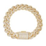 Sterling Silver Round Big Stone in Center Surrounded with Small Stones 14mm Moissanite Cuban Chain 8.5 Inch Bracelet GP 12-3/4 Cttw