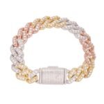 Sterling Silver Round Big Stone in Center Surrounded with Small Stones 14mm Moissanite Cuban Chain 8.5 Inch Bracelet RP+GP+PP 12-3/4 Cttw