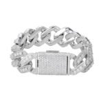 Sterling Silver Round Big Stone in Center Surrounded with Small Stones 20mm Moissanite Cuban Chain 8 Inch Bracelet RP 19-7/8 Cttw