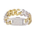 Sterling Silver Round Big Stone in Center Surrounded with Small Stones 20mm Moissanite Cuban Chain 8.5 Inch Bracelet RP+GP 19-7/8 Cttw