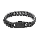Sterling Silver 12mm Round Black Moissanite Miami Cuban 8 Inch Mens Bracelet BP+BP 7-3/4 Cttw