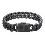 Sterling Silver 15mm Round Black Moissanite Miami Cuban 8.5 Inch Mens Bracelet BP+BP 12-1/10 Cttw