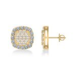 14K Yellow Gold Round Baguette Diamond Square Shape Stud Earrings 1 Cttw